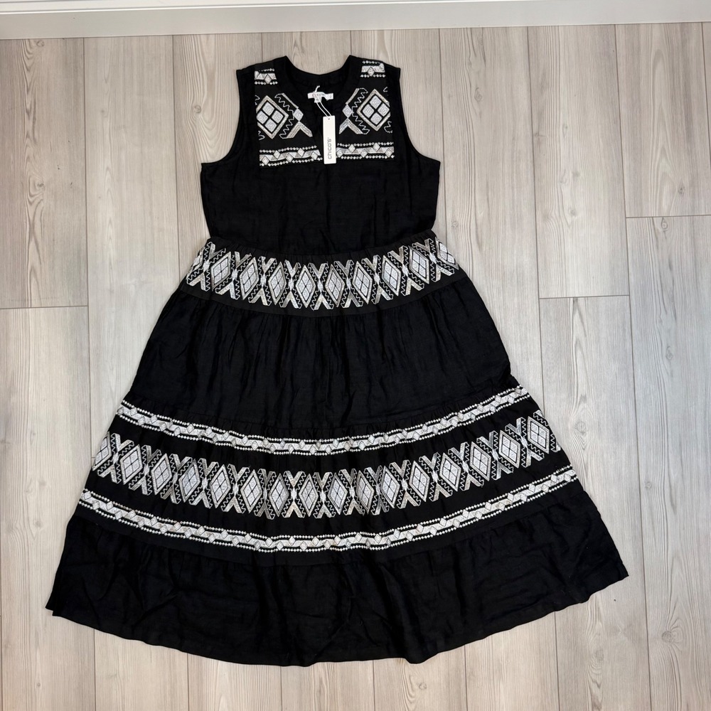 NWT Chico's Tiered Embroidered Linen Maxi Dress Black Boho 570345372 Size 1 8